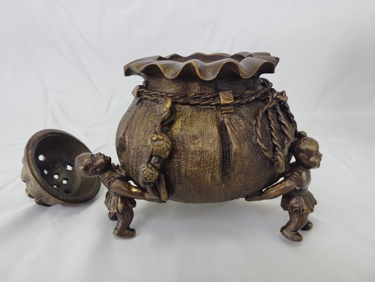 大明宣徳年製 唐子脚宝袋形香炉 香炉 袋型 元宝摘み 童子 銅製 ベスト